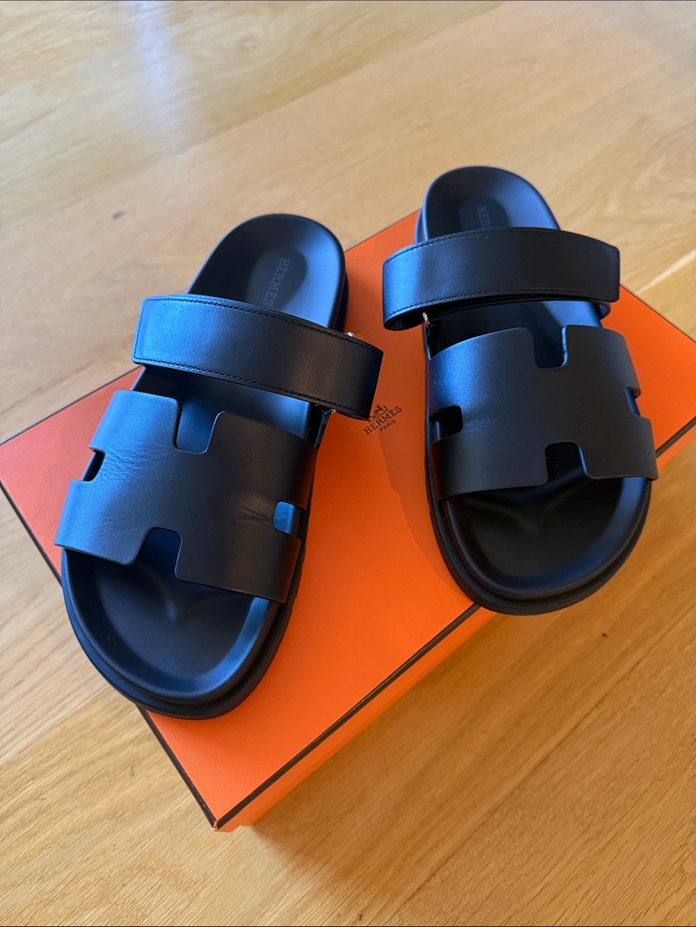 Hermes Chypre Black Leather Double-Strap H-Slide Sandals
